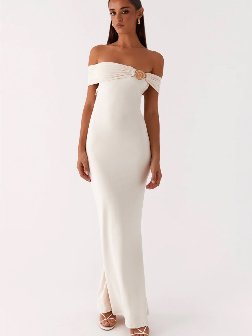 Peppermayo Cream Off-Shoulder Backless Column Gown with Rosette